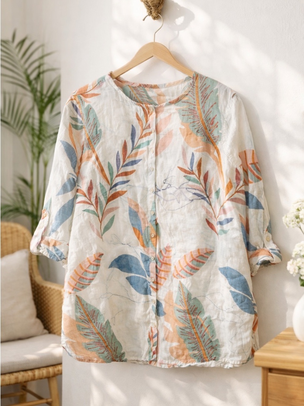 Cynthia Rowley Linen Tropical Abstract Print Blouse 2X Boho Top